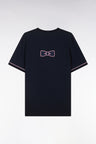 Straight-fit navy cotton T-shirt with embroidery and bow tie badge