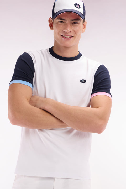 T-shirt colorblock brodé en coton blanc coupe droite - Image 3