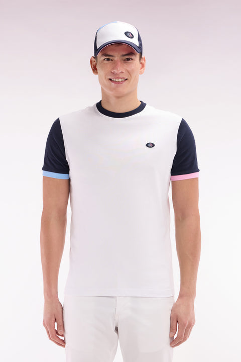 T-shirt colorblock brodé en coton blanc coupe droite - Image 1