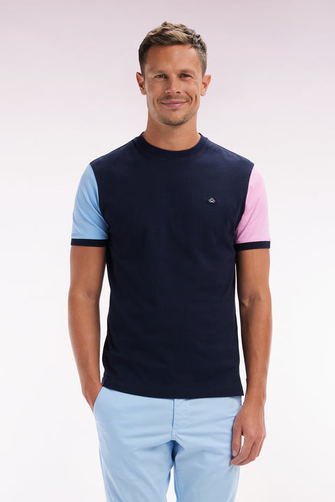 T-shirt colorblock brodé en coton marine coupe droite - Image 1