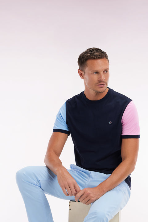 T-shirt colorblock brodé en coton marine coupe droite - Image 3