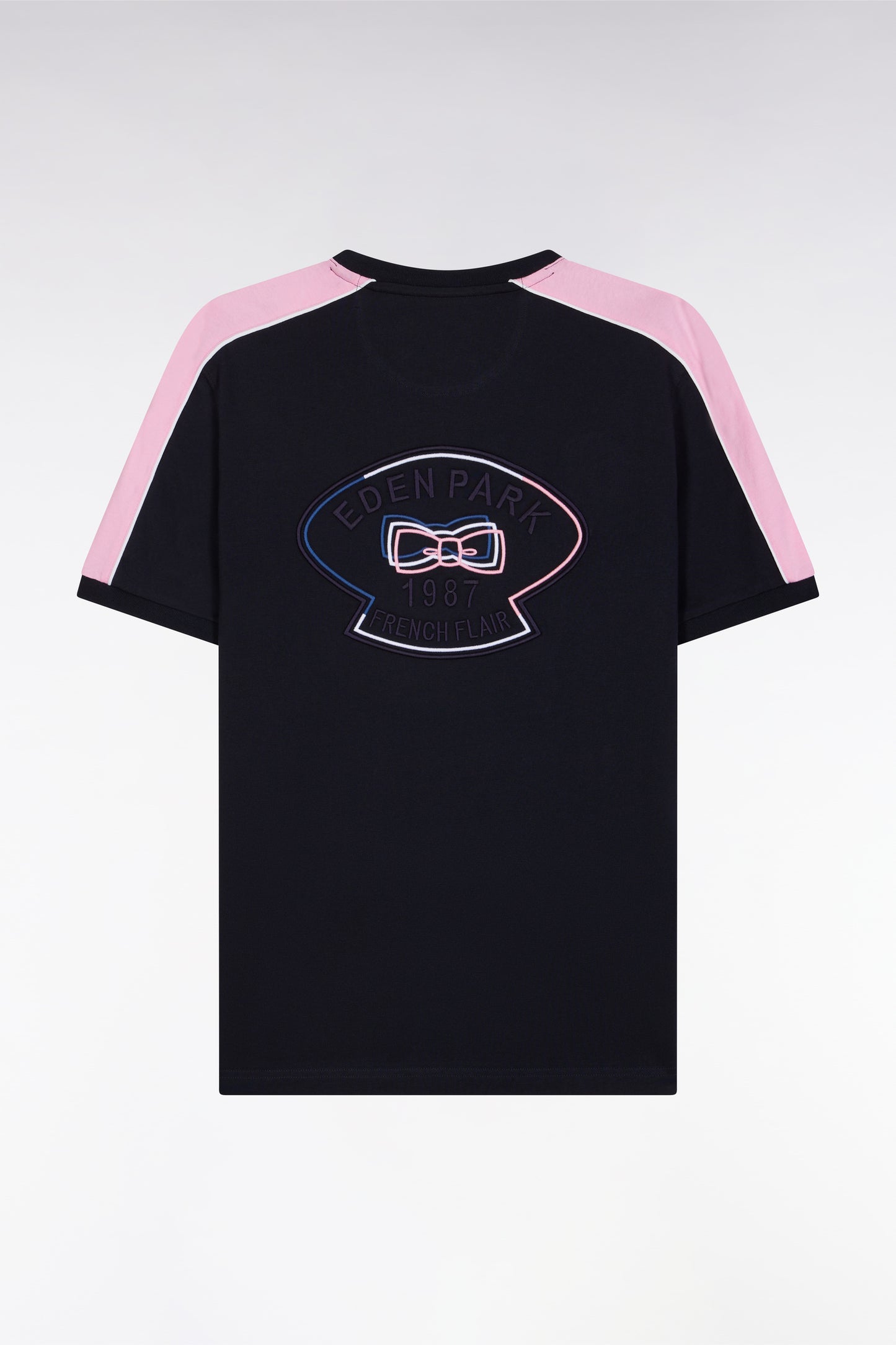 Straight-fit navy cotton T-shirt with back embroidery and cutouts