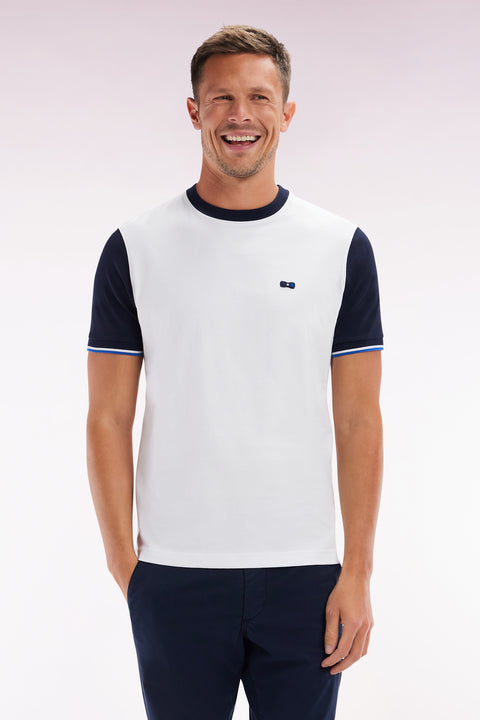 Straight-fit white and navy cotton T-shirt with back embroidery - Image 1