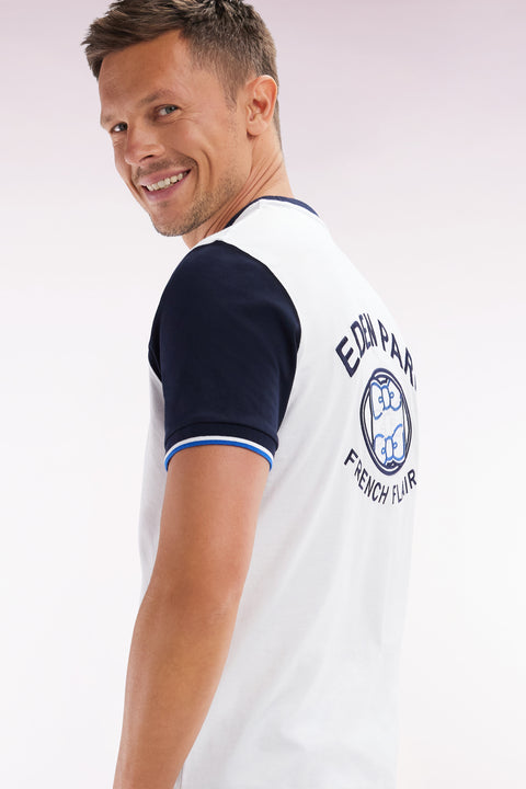 Straight-fit white and navy cotton T-shirt with back embroidery - Image 3