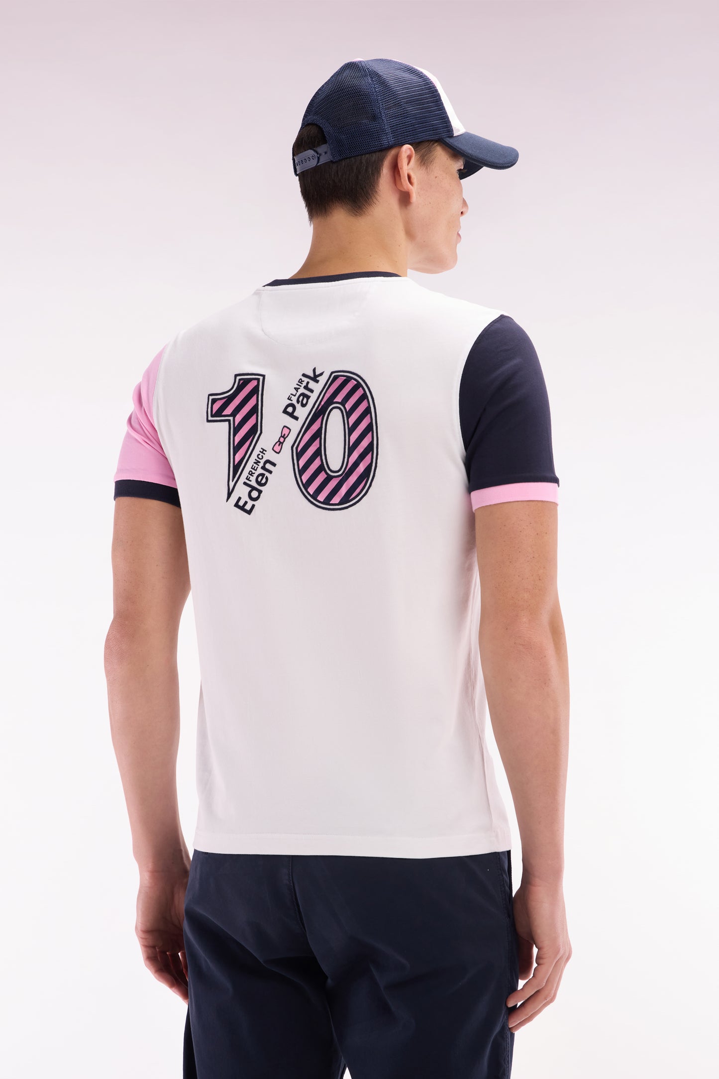 Straight-fit colorblock T-shirt in white cotton with 10 embroidery
