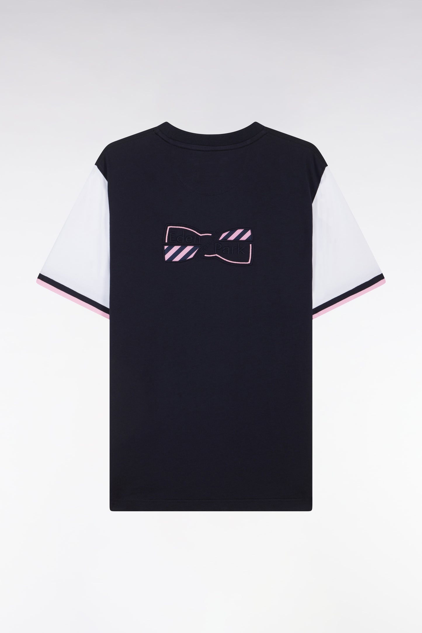 Straight-fit two-tone white cotton T-shirt with bow tie embroidery