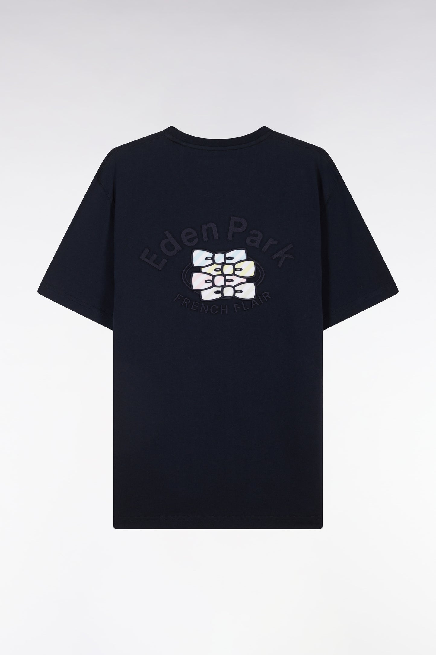 Navy cotton T-shirt with multicolored embroidery, relaxed fit