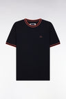 Navy cotton T-shirt with coral ribbing, relaxed fit