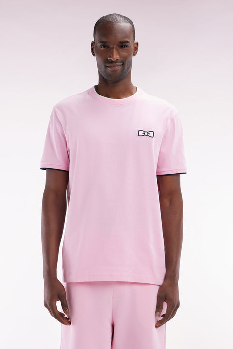 T-shirt in pink cotton embroidery bowed bowed downstream cutting - Image 1
