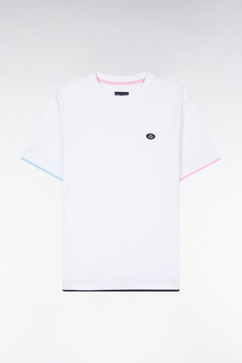 T-shirt uni en coton blanc bordures de manches colorées coupe droite - Image 2