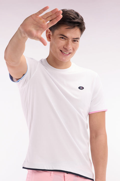 T-shirt uni en coton blanc bordures de manches colorées coupe droite - Image 3