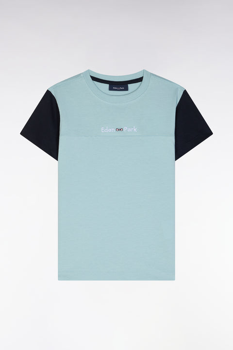 T-shirt en coton vert d'eau manches marine coupe droite - Image 1
