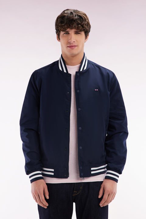 Teddy jacket in navy polyamide with striped ribbing - Image 1