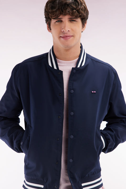 Teddy jacket in navy polyamide with striped ribbing - Image 3