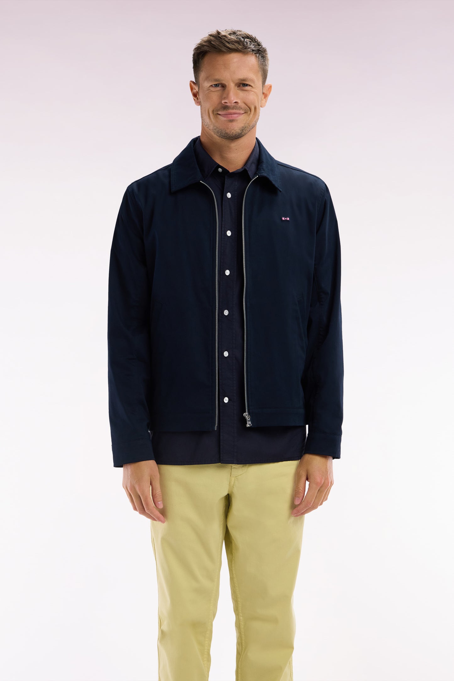 Water-repellent navy zipped jacket in stretch cotton