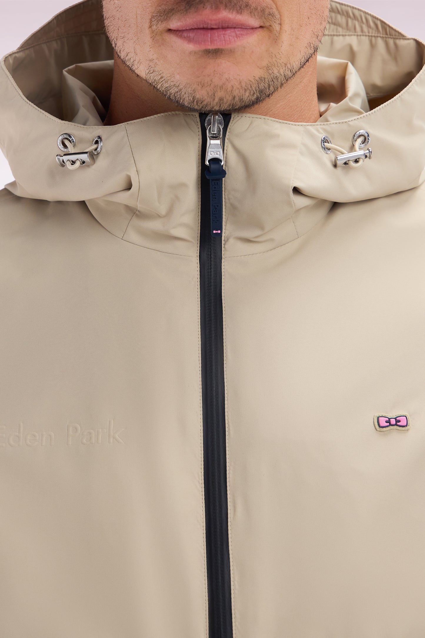 Soft Touch polyamide windproof jacket with beige hood