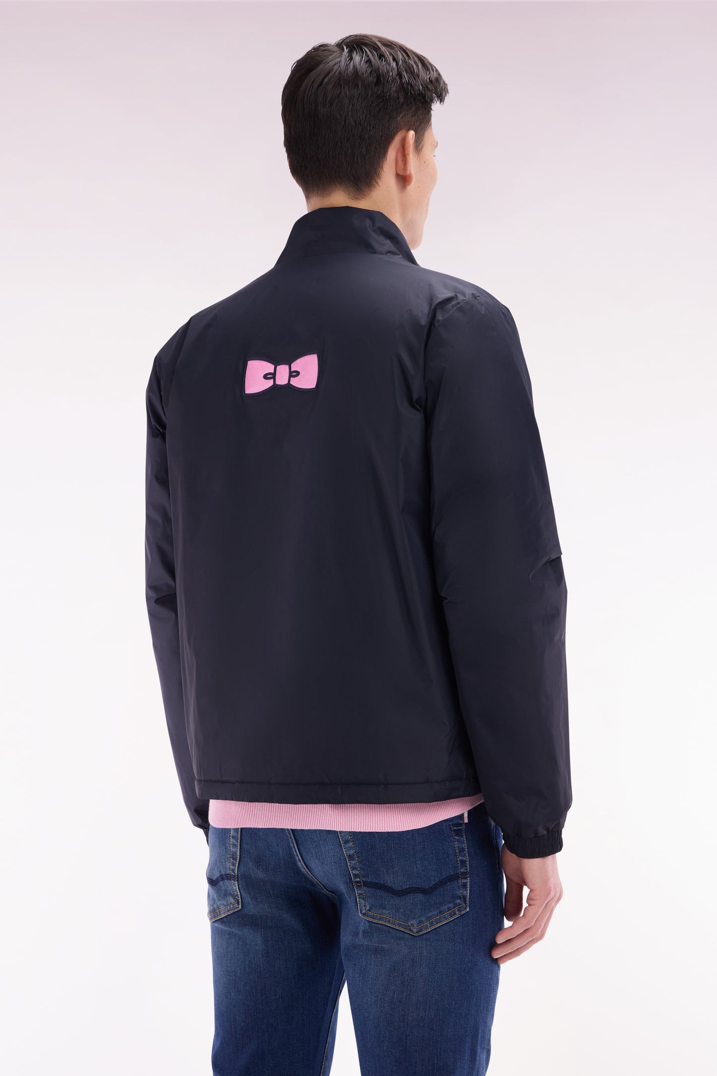 Windproof jacket in embroidered navy matte polyamide