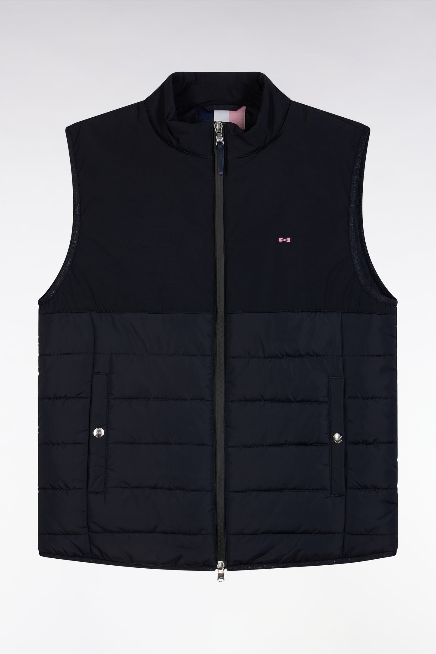 Navy bi-material sleeveless down jacket