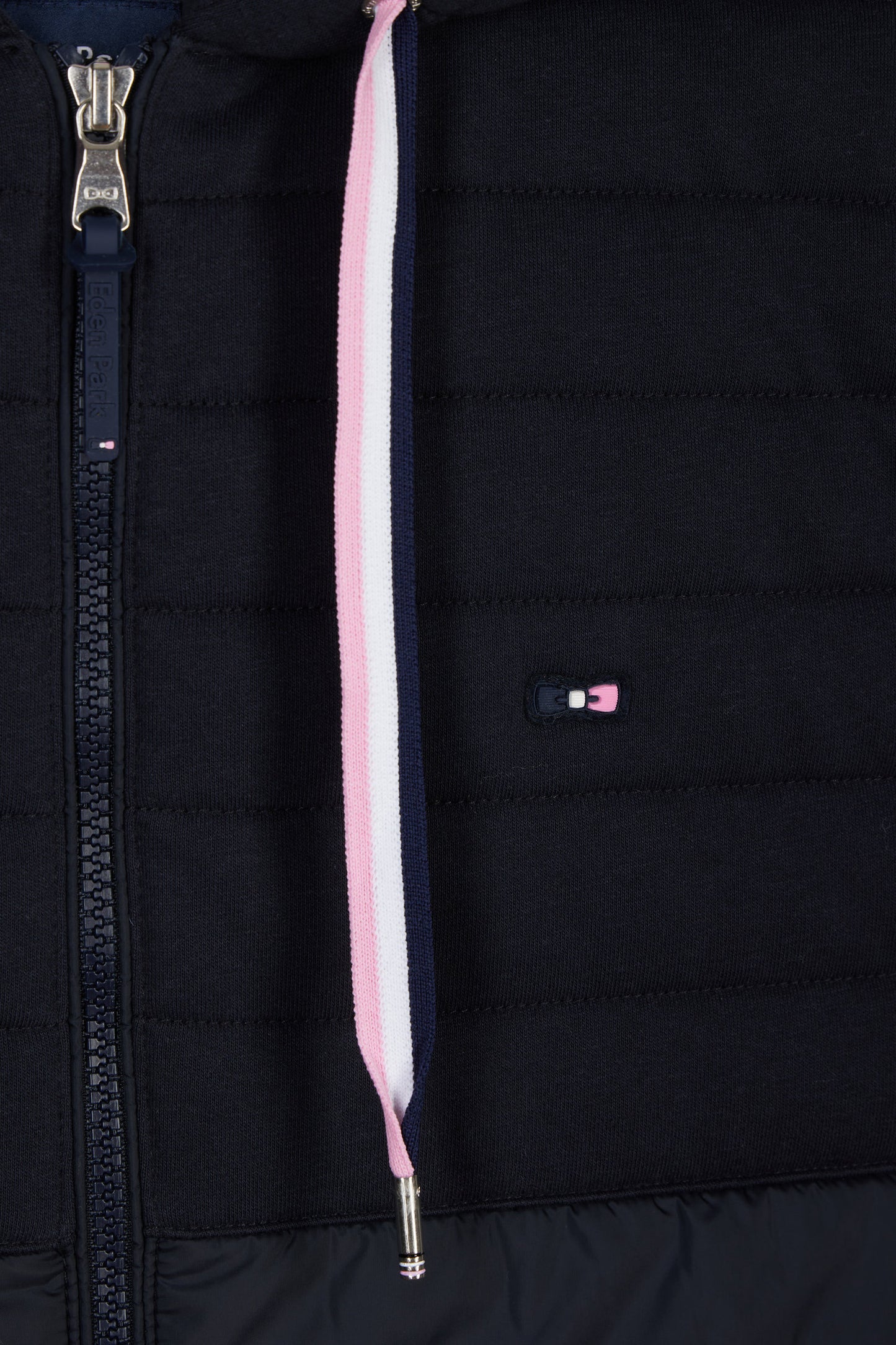 Sleeveless navy bimaterial down jacket with hood