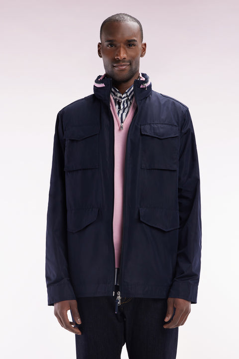 Short 4-pocket parka with stand-up collar and hood in navy blue polyamide - Image 1