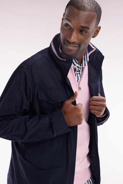 Short 4-pocket parka with stand-up collar and hood in navy blue polyamide - Image 2