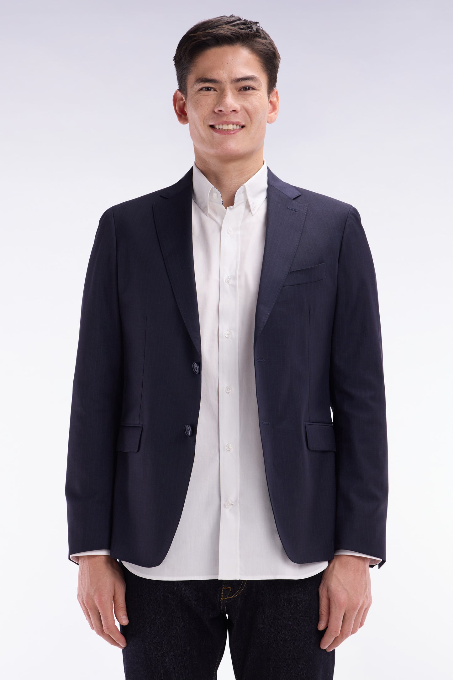 Navy suit jacket in fine striped wool blend