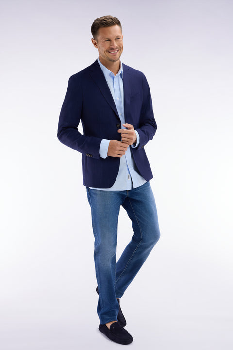Veste en fil teint de laine et lin stretch mélangés marine - Image 3