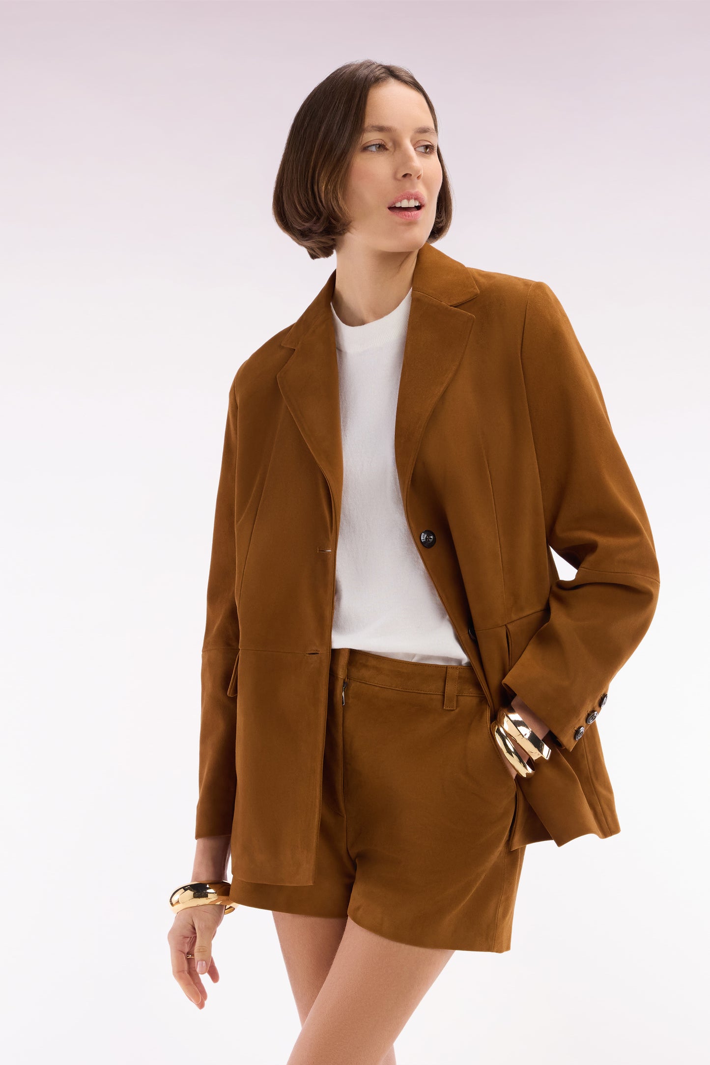 Straight-cut brown suede leather shorts