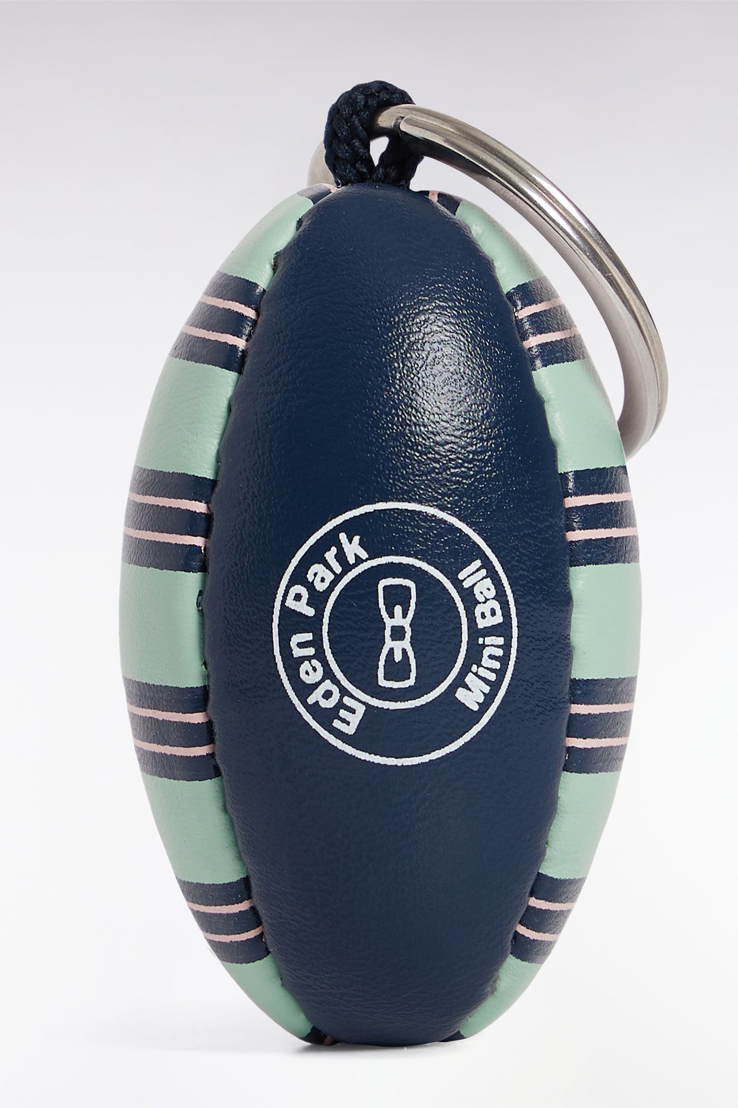 Porte-clés ballon de rugby à rayures vert d'eau et marine