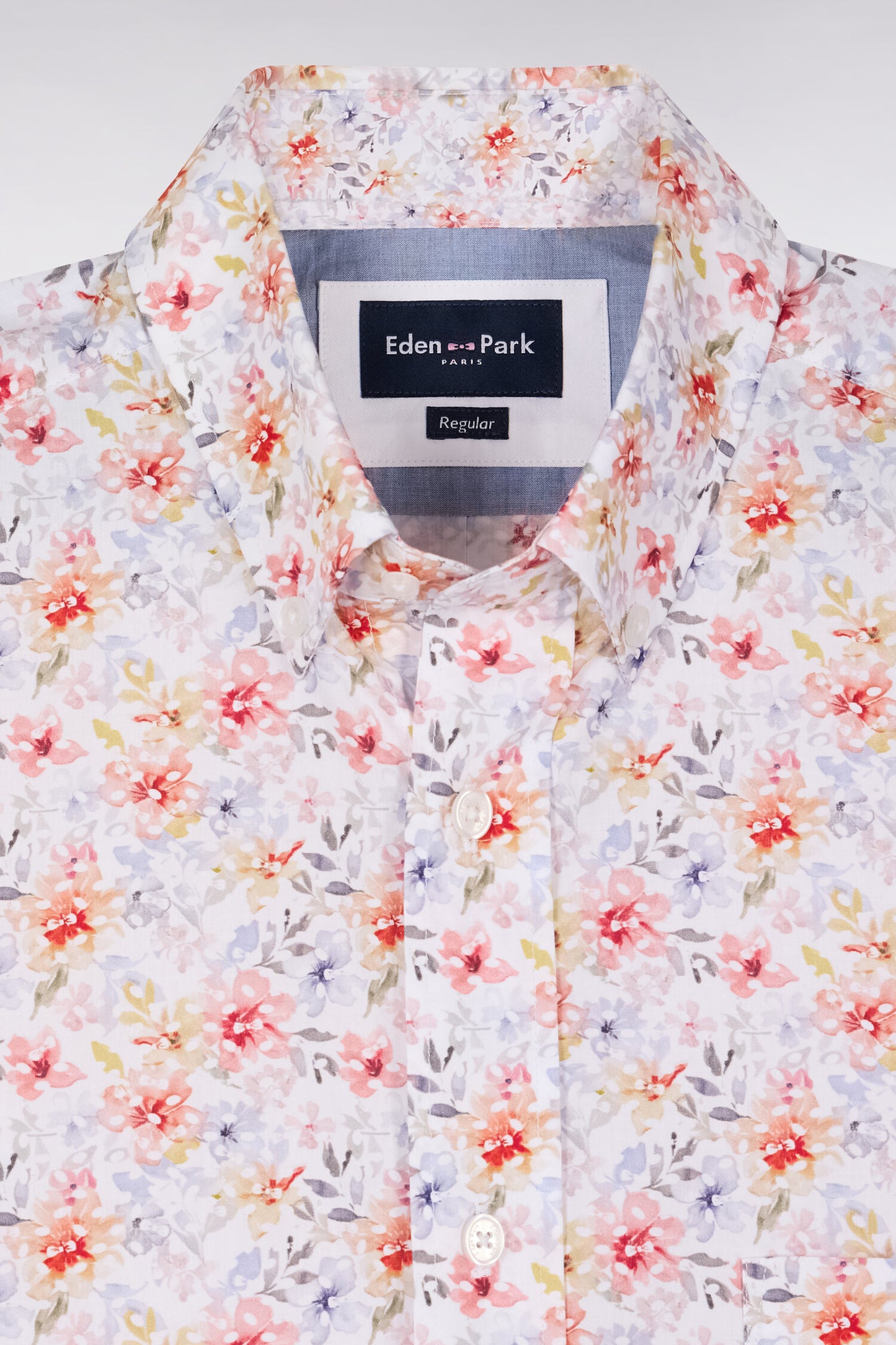 Chemise à manches courtes en popeline et chambray à motif floral orange