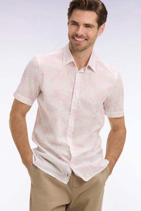 Chemise à manches courtes en coton rose imprimé palmiers coupe slim - Image 1