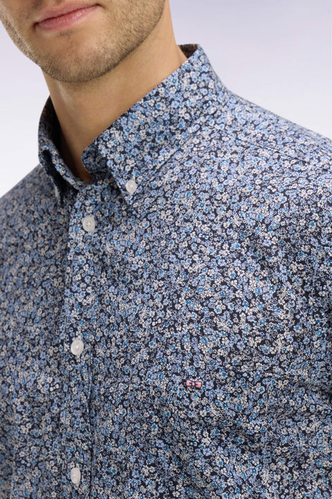 Chemise à manches courtes en coton bleu à micromotif floral - Image 2