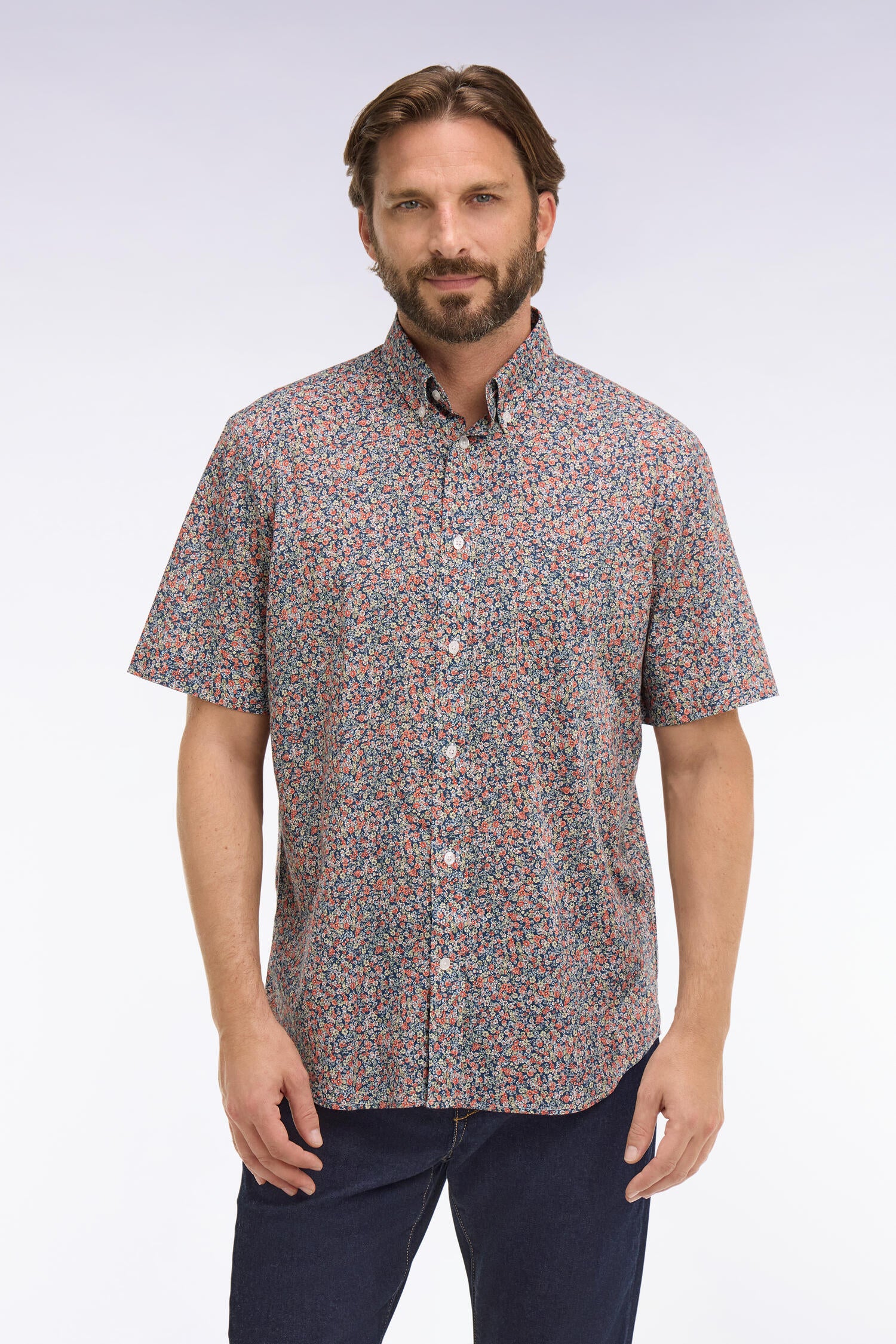 Short-sleeved orange cotton shirt with floral micro-pattern – Eden