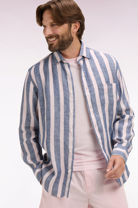 Chemise en lin marine à rayures bâtons - Image 1