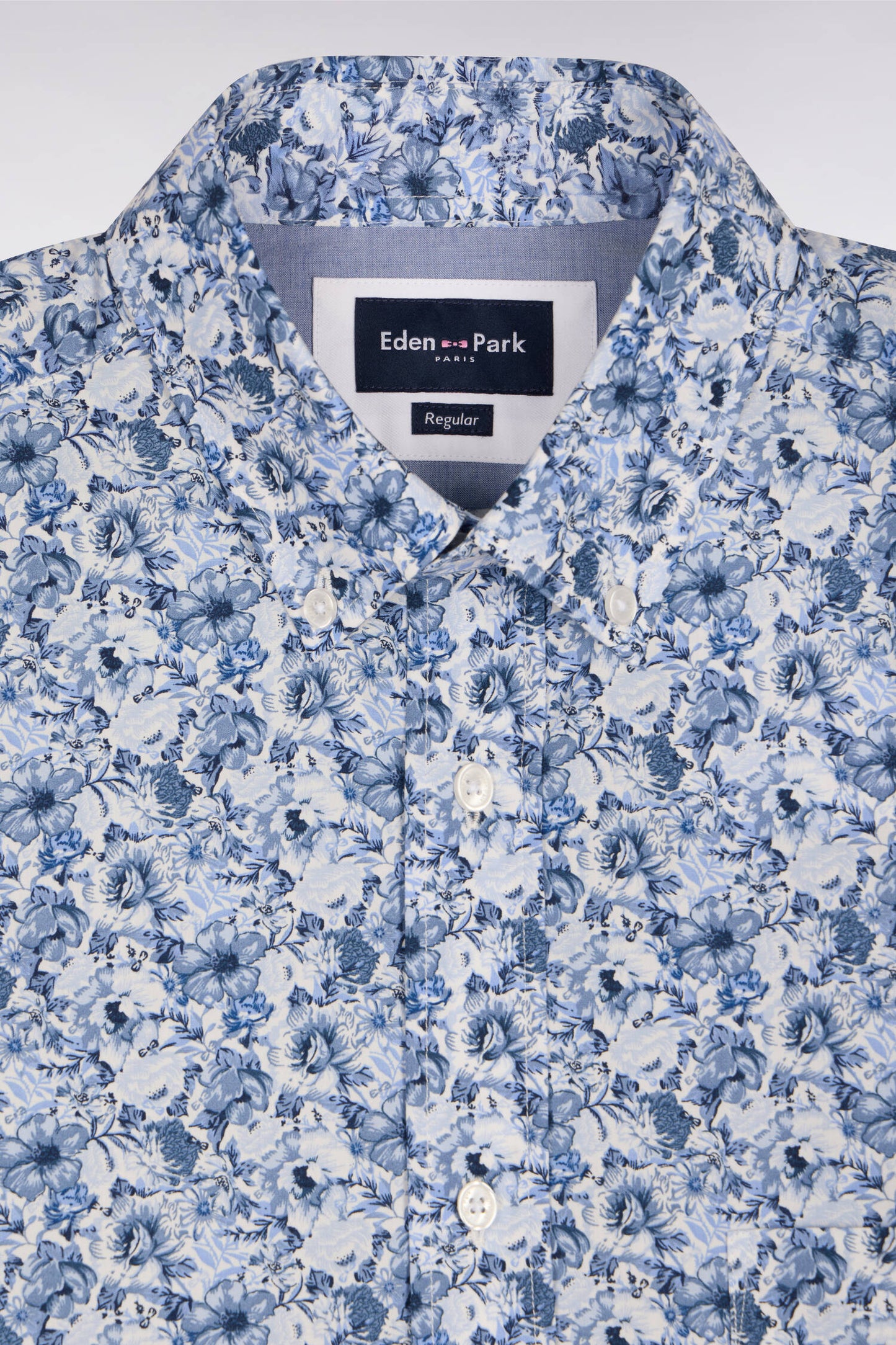 Blue cotton poplin shirt with floral pattern
