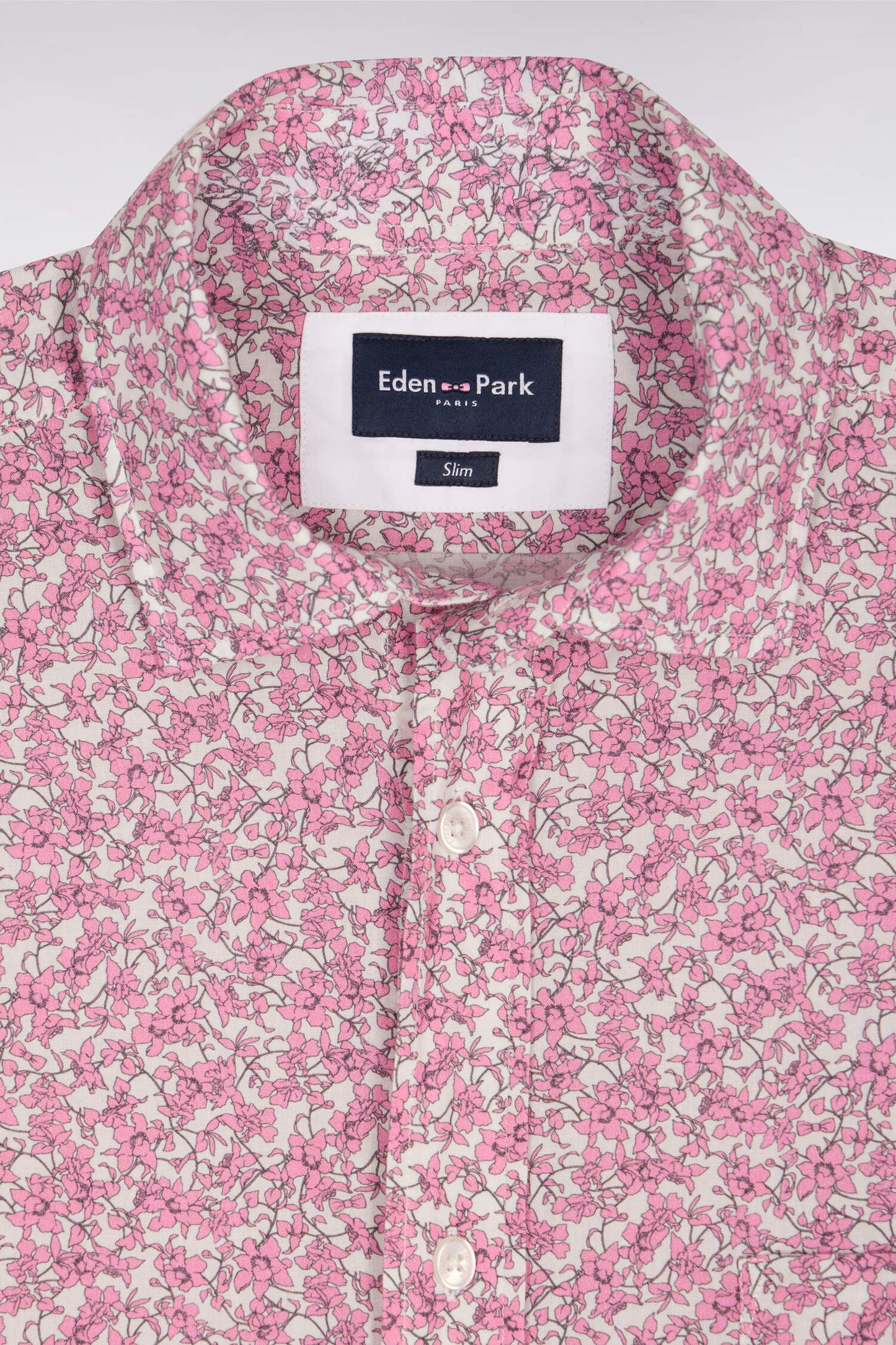 Chemise en popeline de coton rose à micromotifs floral coupe slim