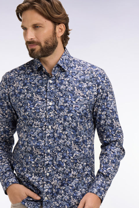 Chemise en popeline de coton marine à microimprimé floral coupe slim - Image 1