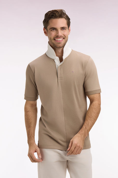 Maillot à manches courtes à découpes verticales en coton beige coupe regular - Image 3