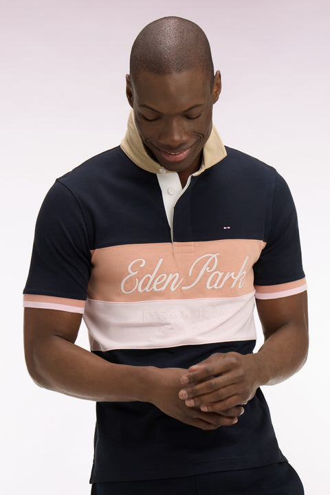 Maillot à manches courtes marine à découpes pastel et broderie coupe regular - Image 1