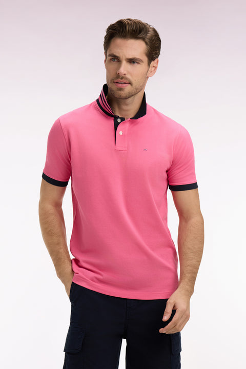 Polo manches courtes en piqué coton rose dessous de col rayé coupe slim - Image 3