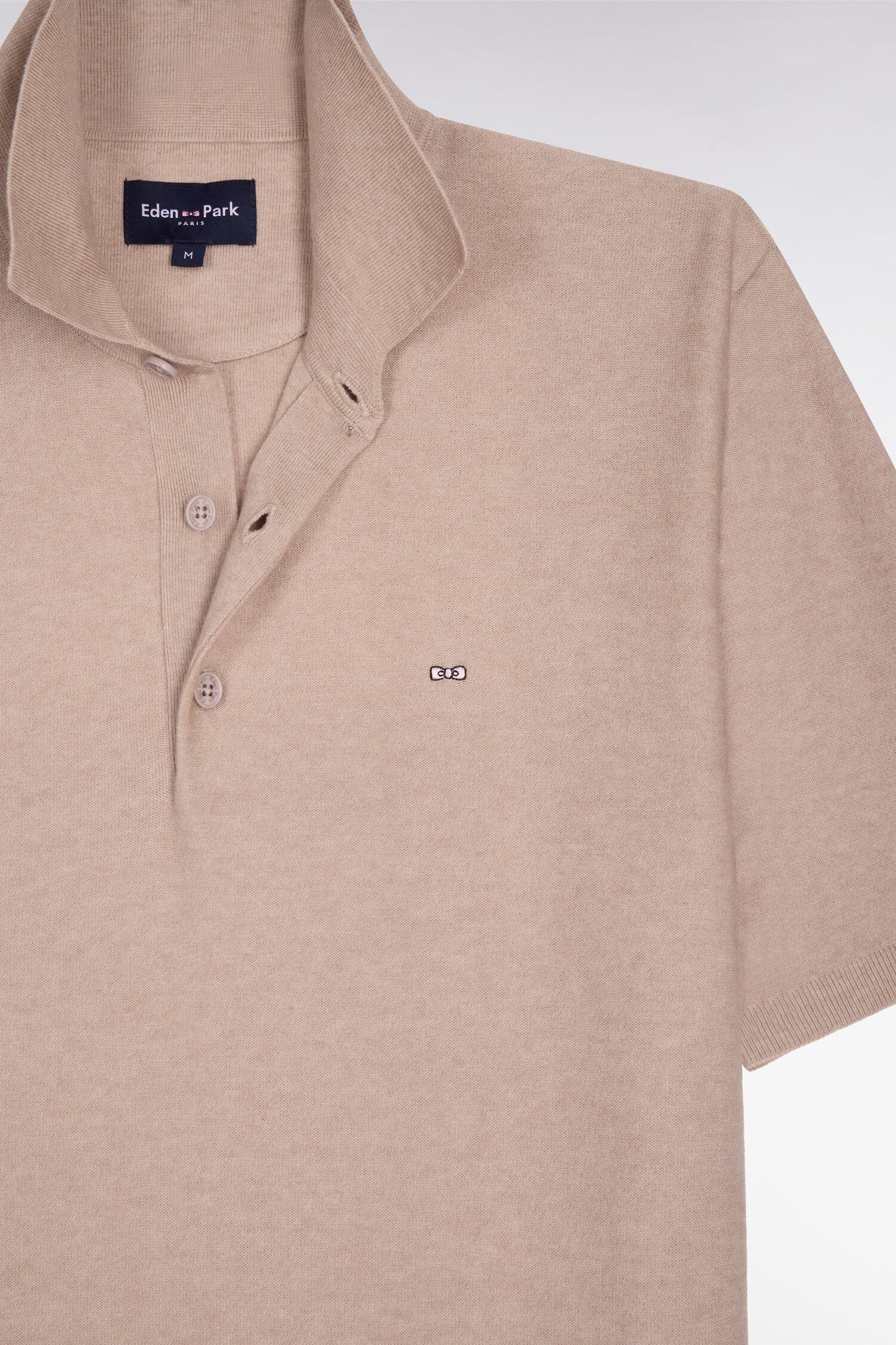 Short-sleeved polo collar sweater in beige cotton and lyocell blend