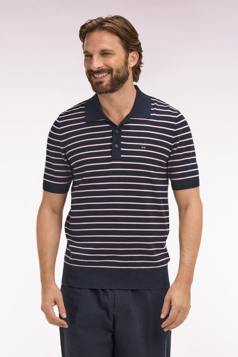 Pull manches courtes à col polo en coton marine rayé - Image 3