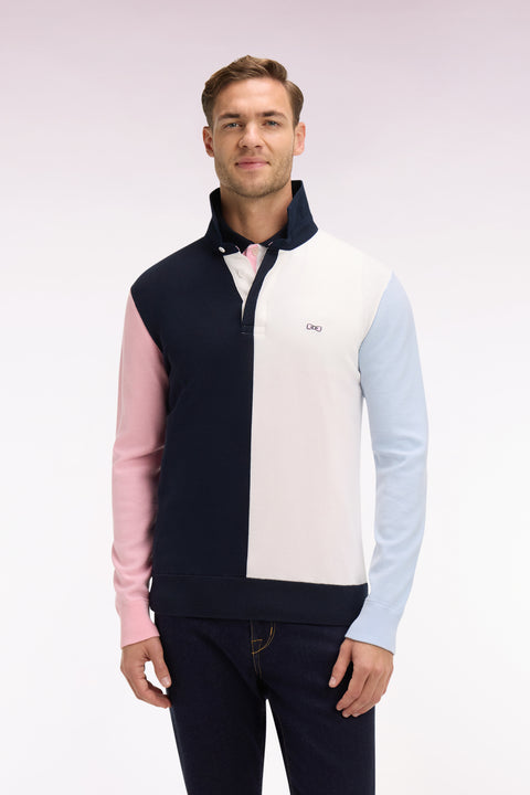 Pull col maillot en coton marine et blanc à manches contrastées - Image 3