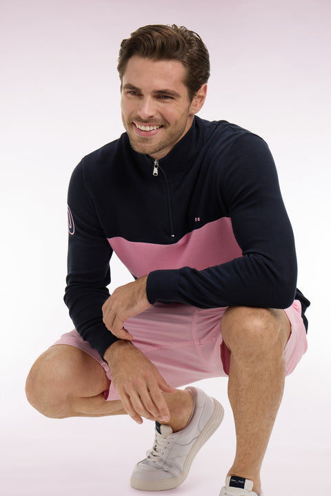 Pull col maillot en coton marine à rayure rugby rose - Image 1