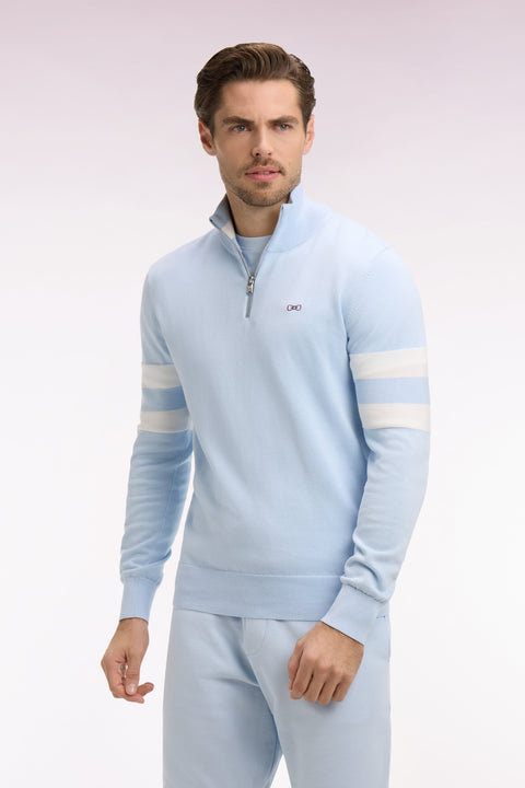 Pull col maillot en coton bleu ciel à double rayures manches - Image 3