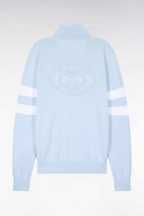 Pull col maillot en coton bleu ciel à double rayures manches - Image 2