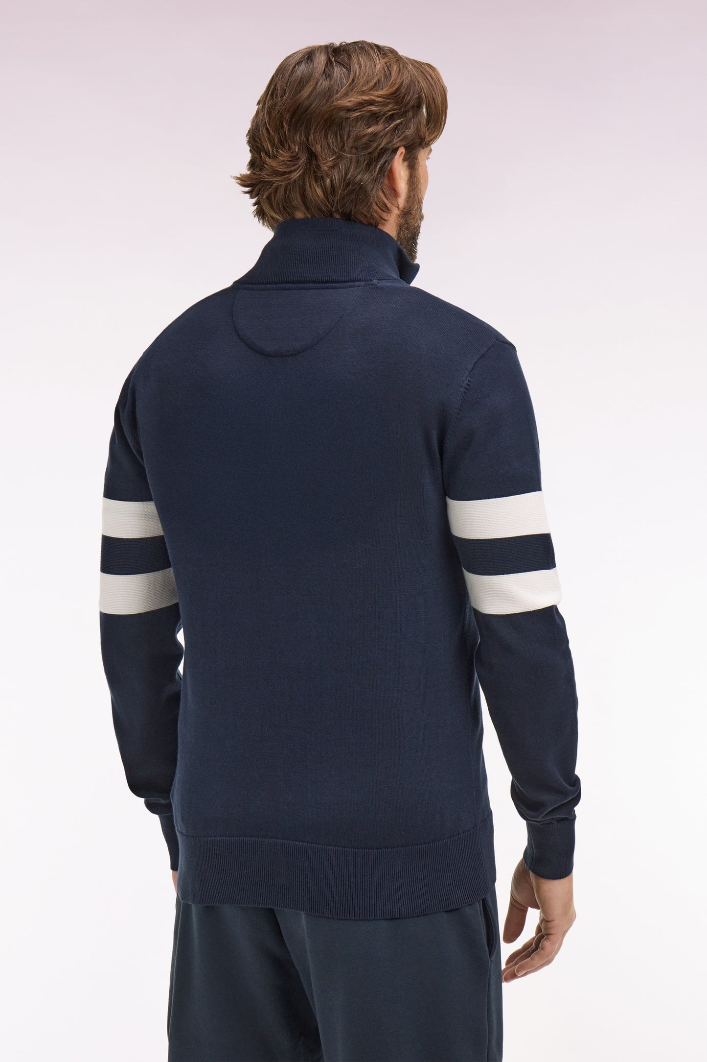 Navy cotton sweater with jersey collar and double-striped sleeves