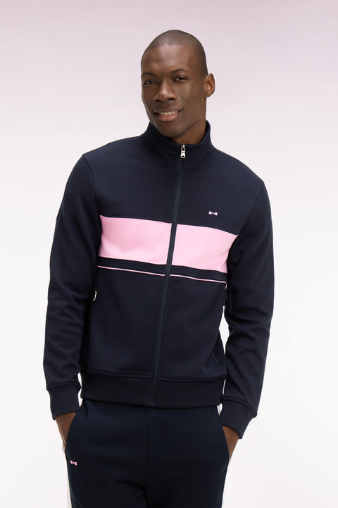 Sweatshirt zippé en molleton marine bande rose - Image 3