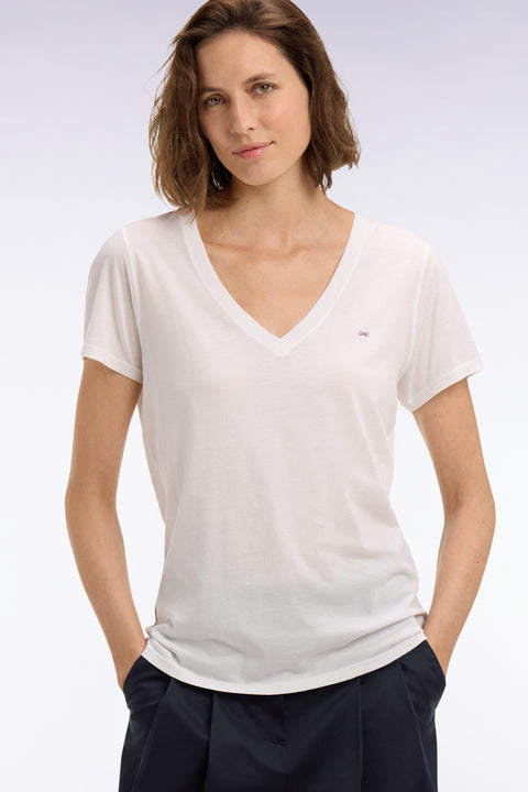 T-shirt à manches courtes col V en coton Pima blanc coupe regular - Image 1