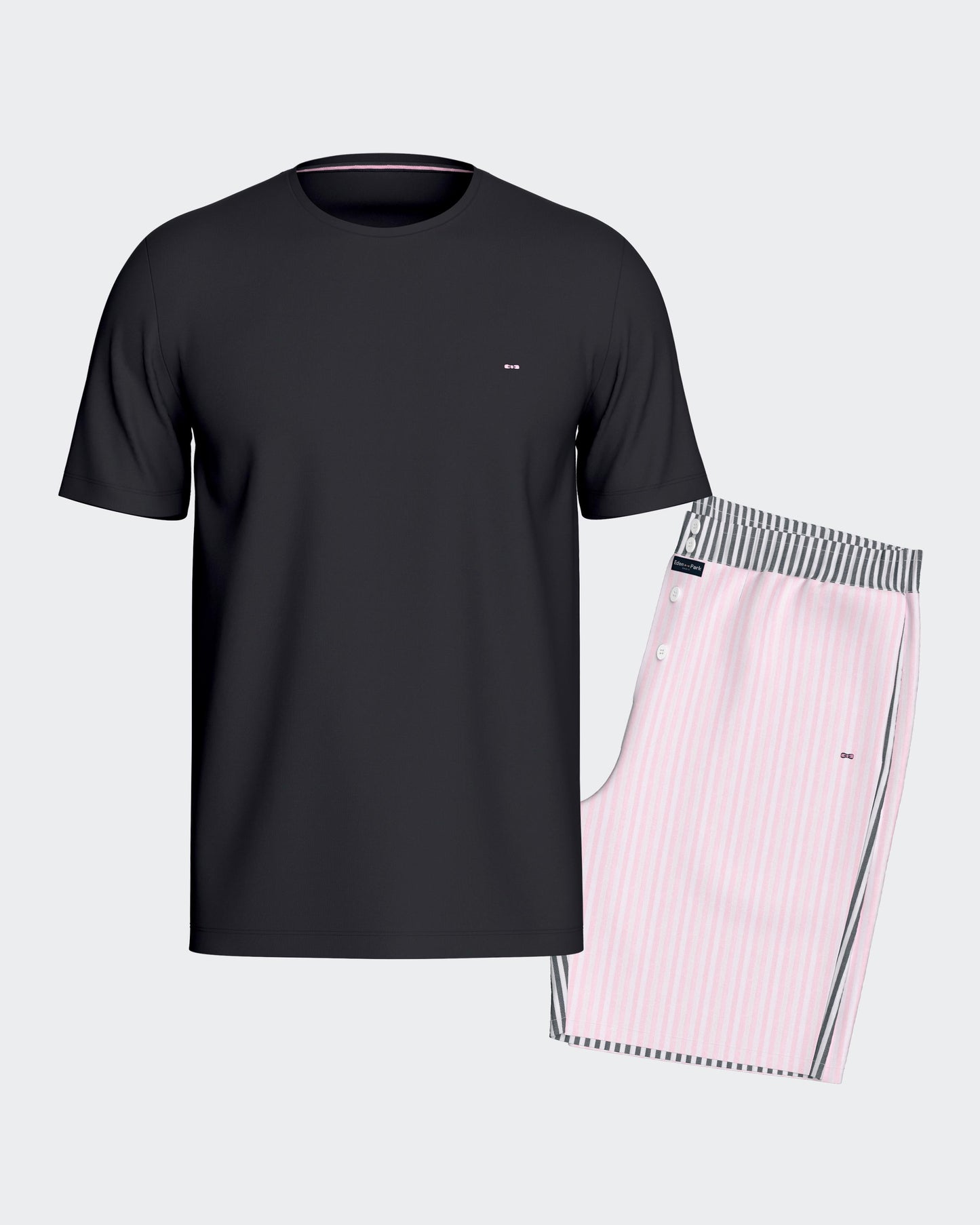 Pyjama court en coton rose et marine à short rayé